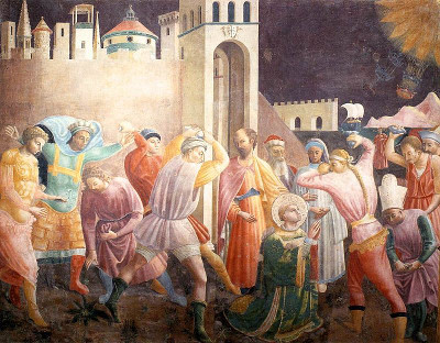 Paolo Uccello's depiction of the stoning of Saint Stephen, the first recorded Christian martyr Paolo Uccello's depiction of the stoning of Saint Stephen, the first recorded Christian martyr