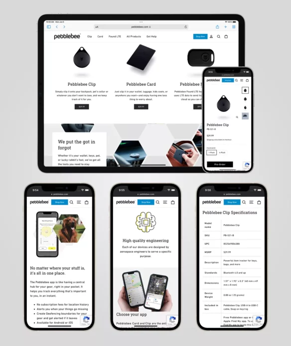 Pebblebee website images. Website preview in tablet and phone layouts.