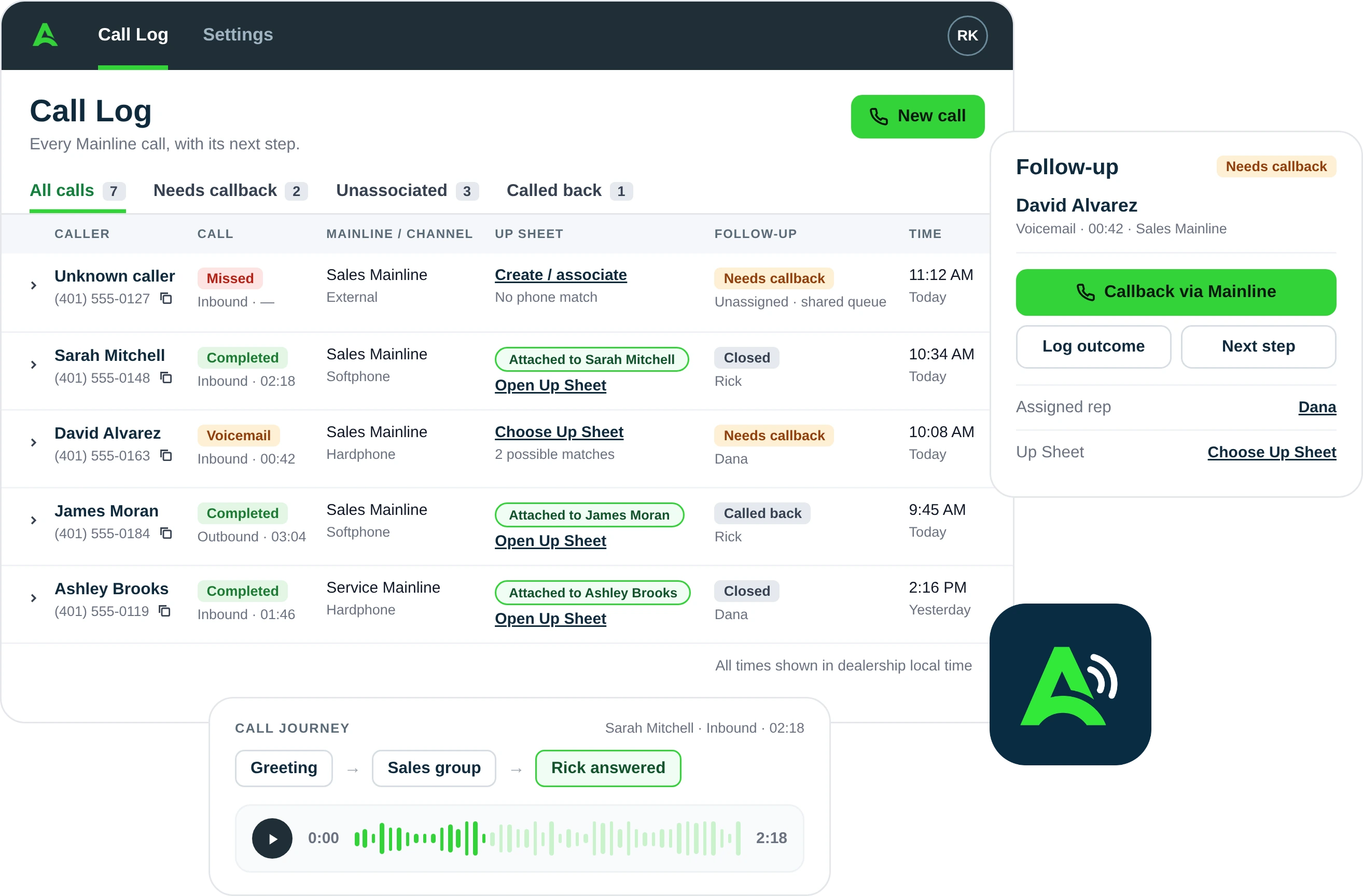 AutoRaptor Connect dashboard showing dealership call routing and call log tied to CRM leads