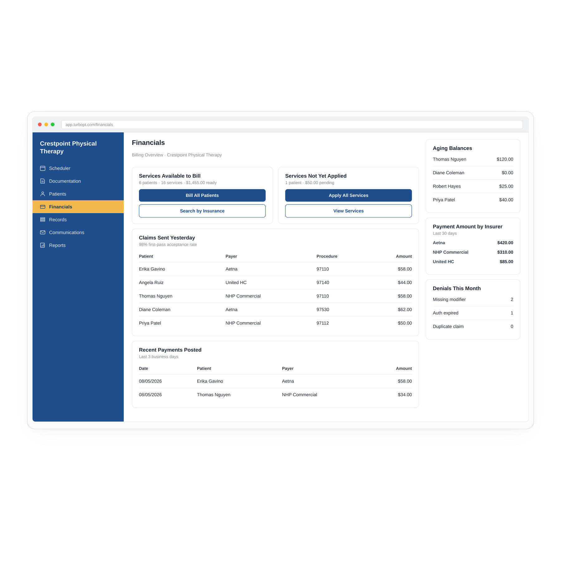TurboPT physical therapy EMR software interface