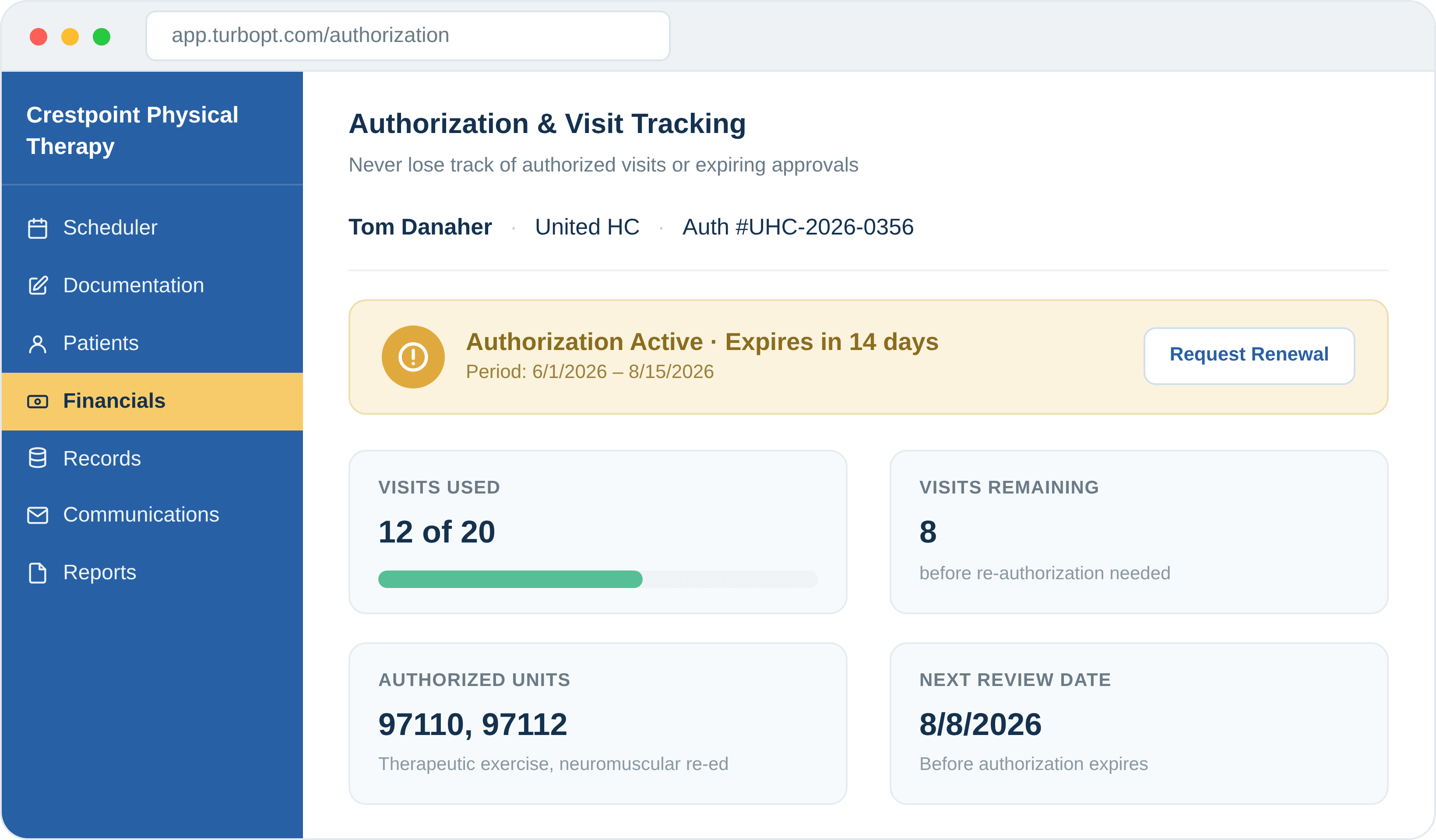 TurboPT authorization tracking screen showing visit usage, remaining visits, and authorization expiration status.