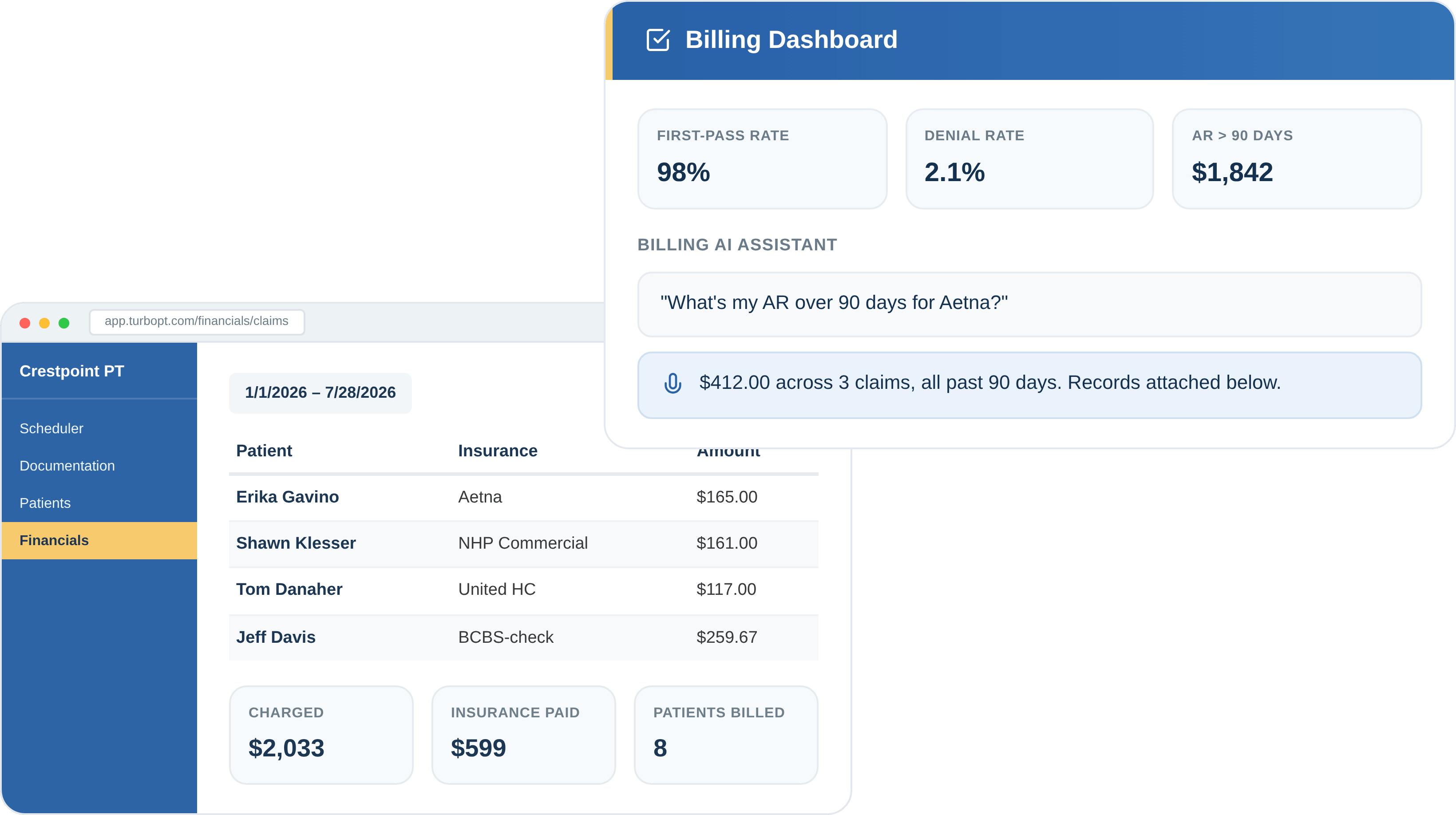 TurboPT screens for billing KPIs and an AI billing assistant.