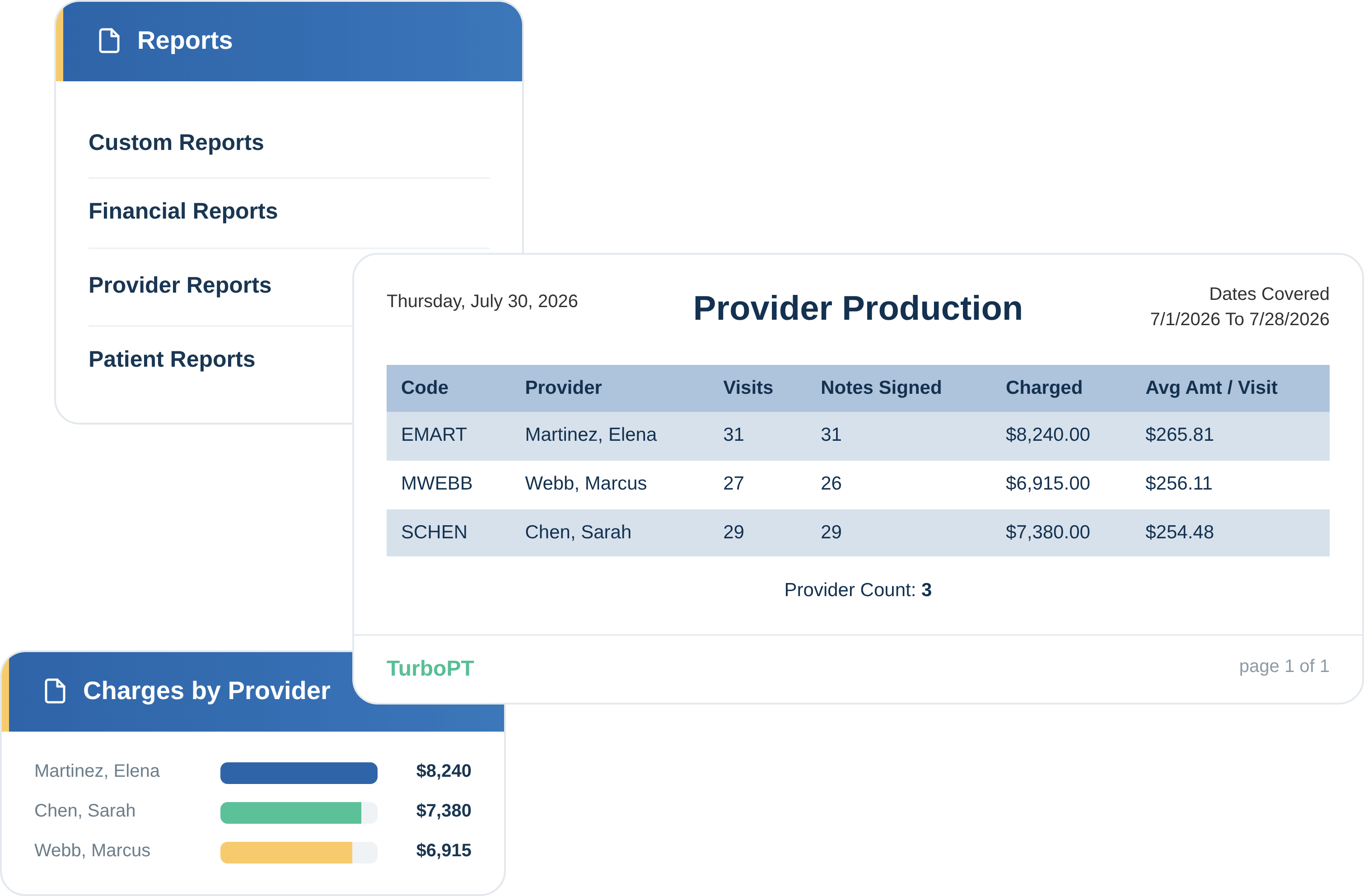 TurboPT screens for generating and viewing practice reports