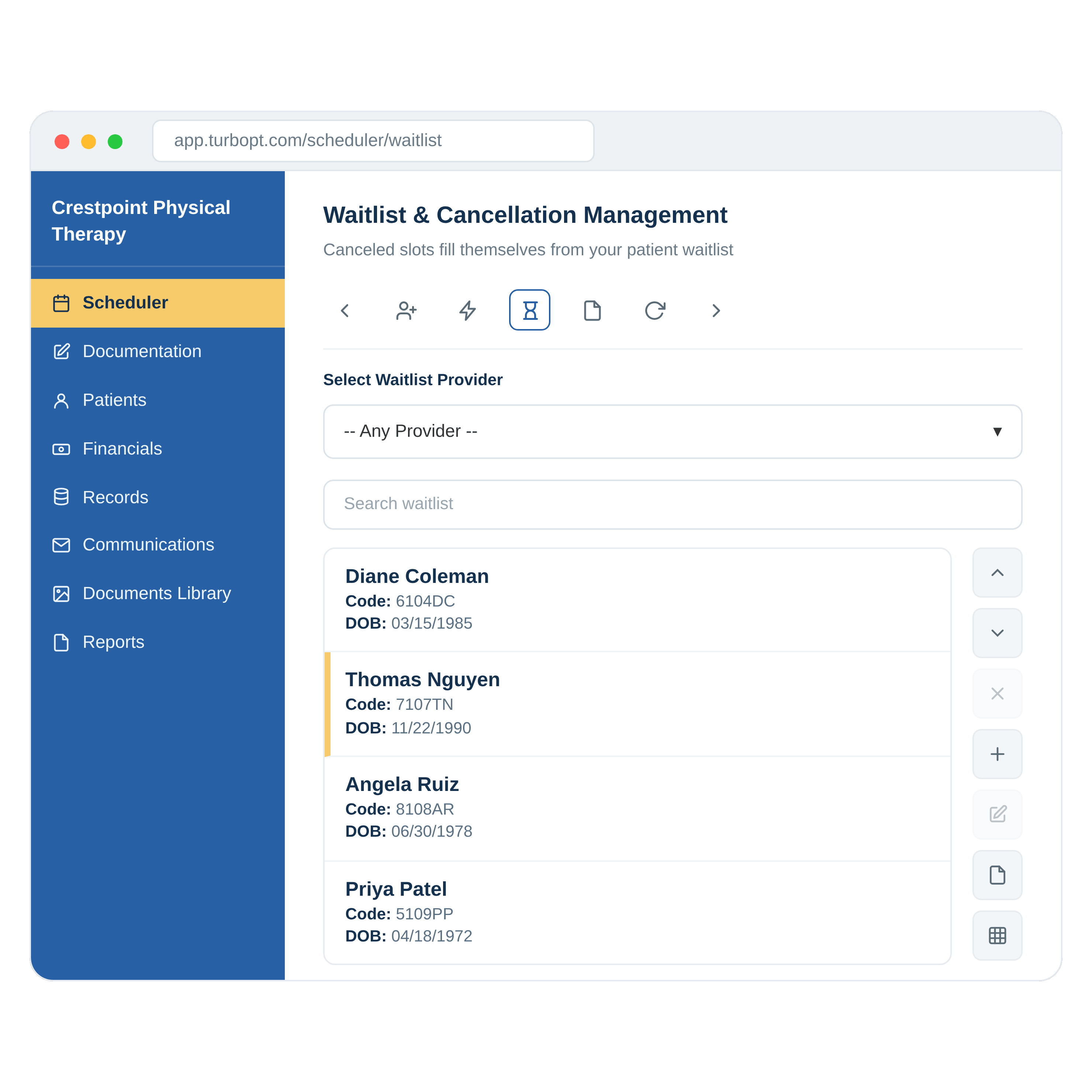 TurboPT waitlist management screen showing a searchable patient waitlist with codes and dates of birth.