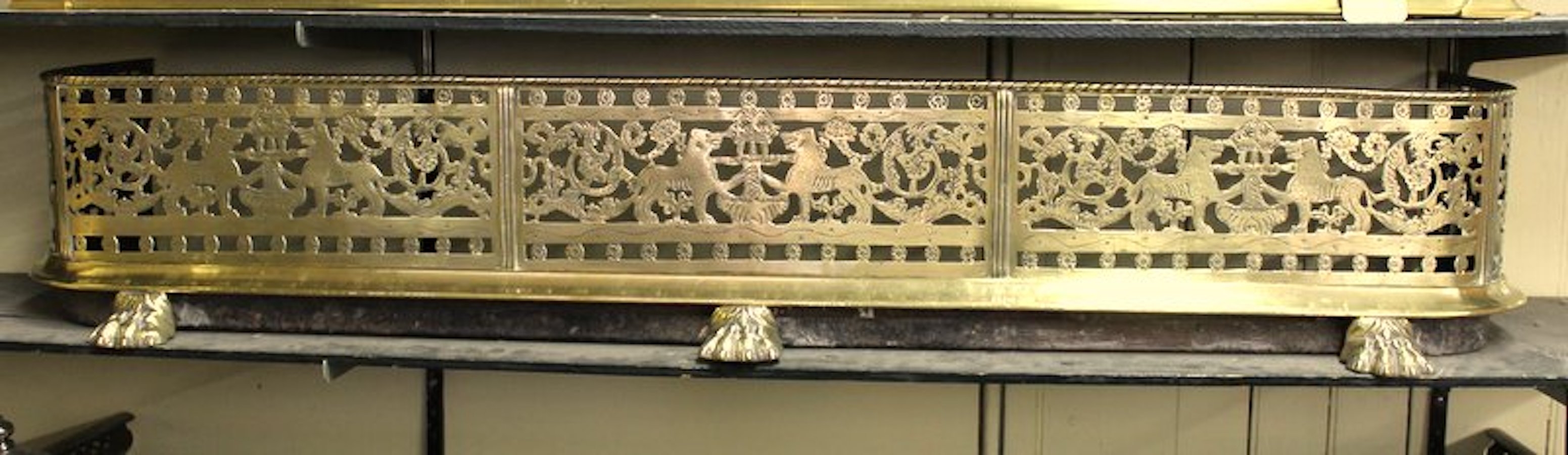 Antique English George Iii Pierced And Engraved Brass Fireplace Fender