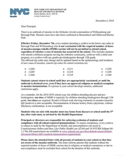 A Department of Health letter to principles in Yeshiva schools barring un-immunized children to attend school.