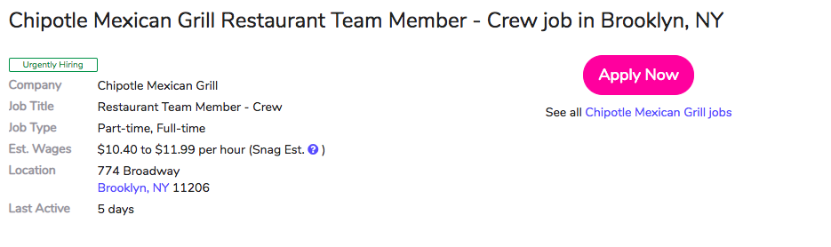 Chipotle listing at Snagajob.com (Screenshot)