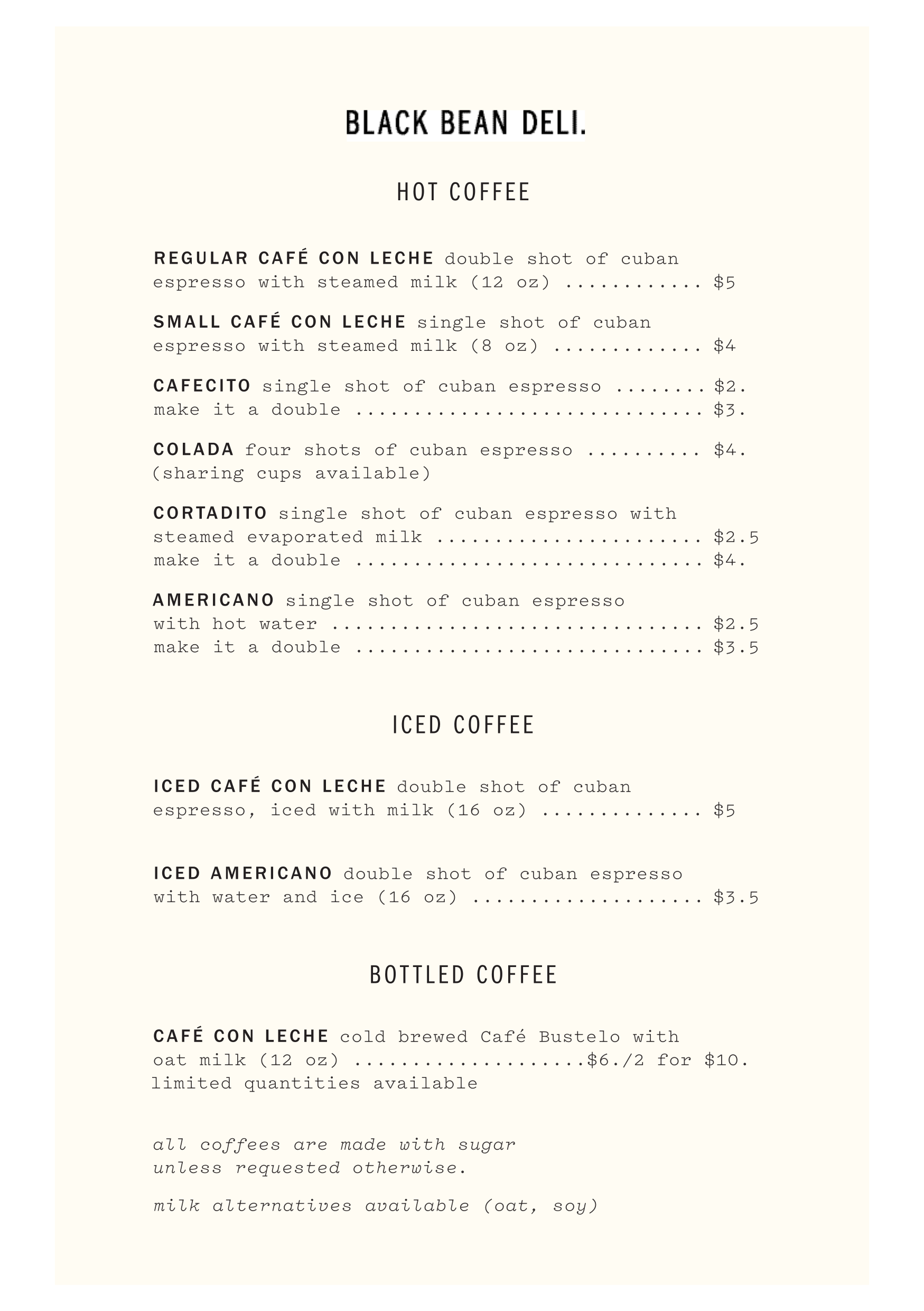Coffee menu