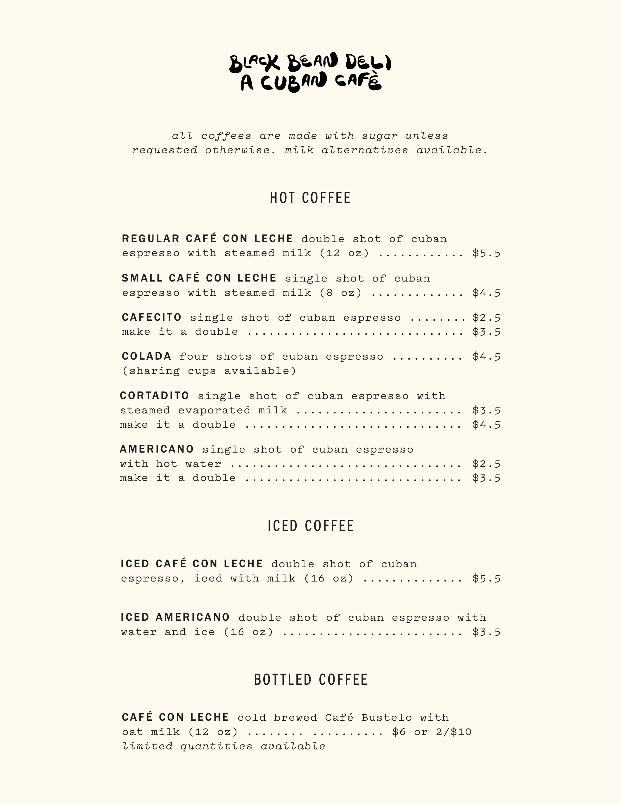 Black Bean Deli - Coffee Menu