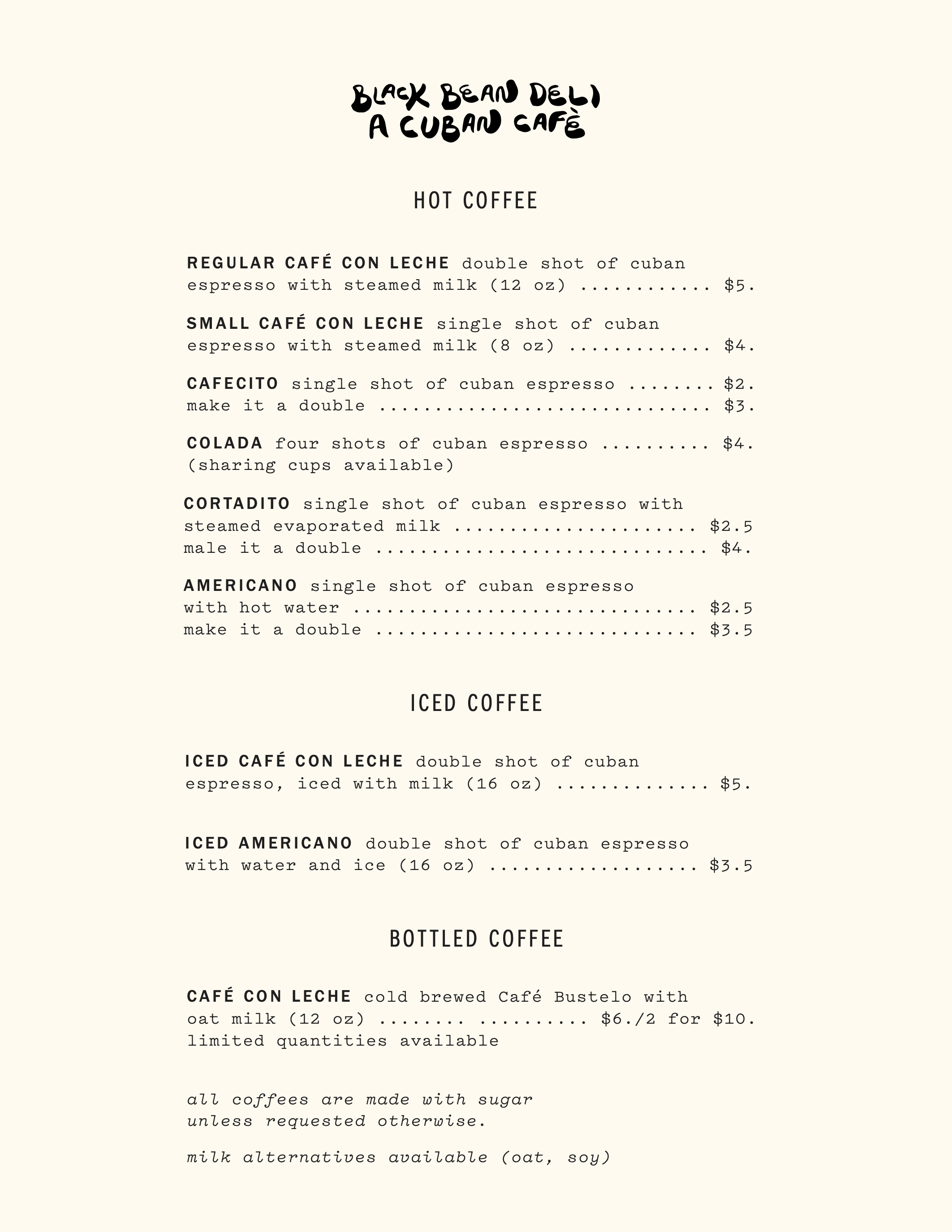 Coffee menu