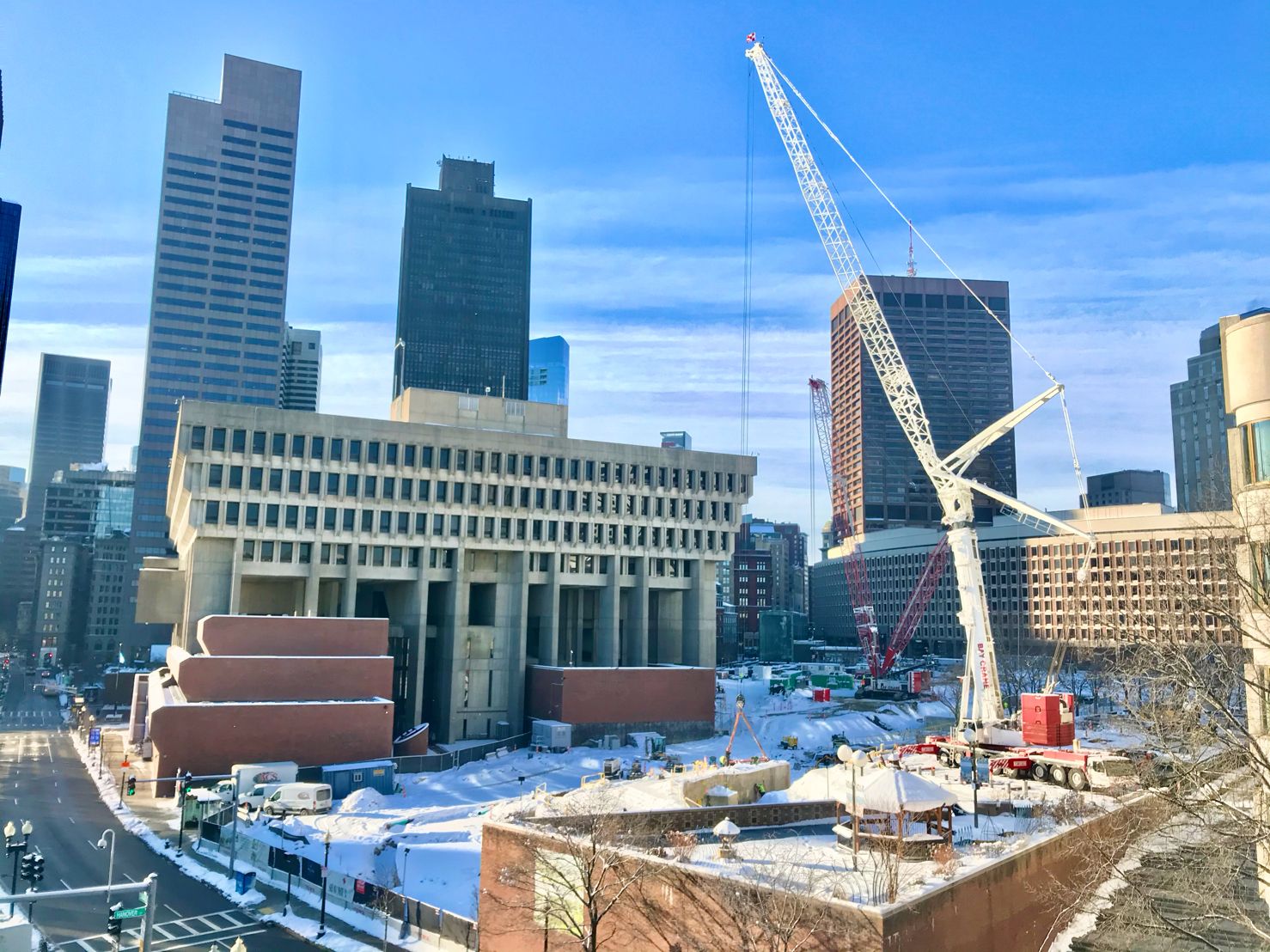 Crane in Place at Boston City Hall Plaza BLDUP