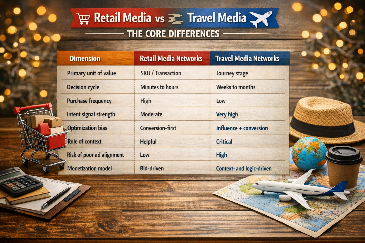 Retail Media vs. Travel Media: The Core Differences Comparison table showing structural differences between retail media networks and travel media networks across decision cycle, purchase frequency, intent strength, context dependency, and monetization model.