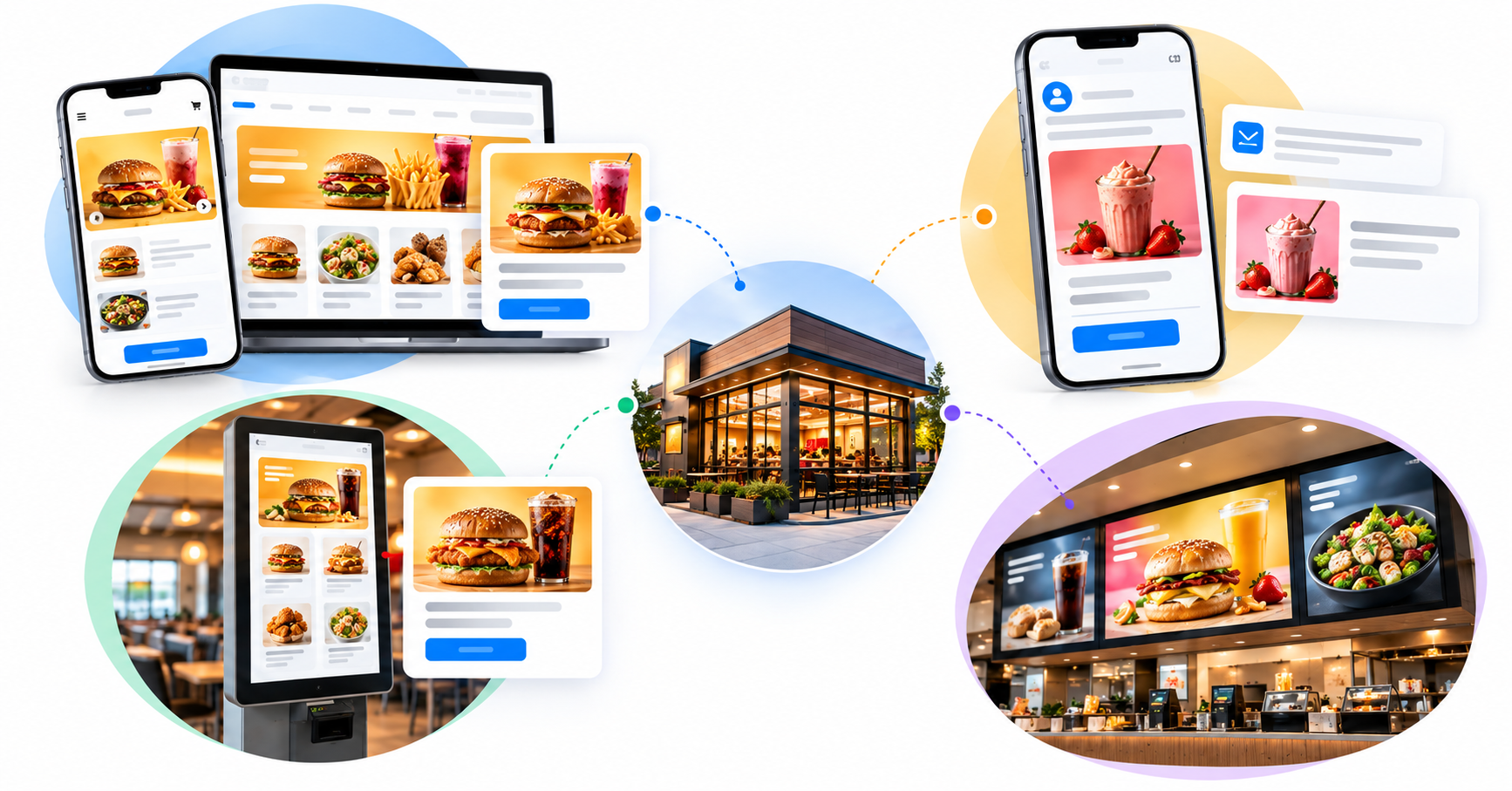 Restaurant Media Network: Connected Advertising Touchpoints Restaurant media network diagram showing how ordering apps, websites, loyalty communications, self-service kiosks, and digital menu boards create connected advertising opportunities.