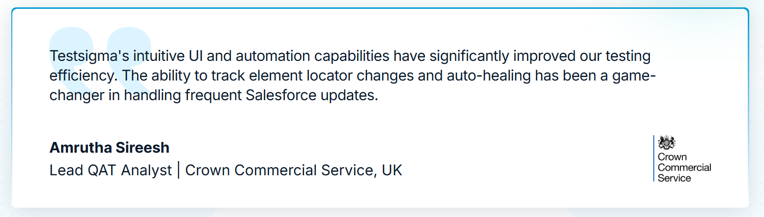 A customer testimonial about Salesforce testing with Testsigma.