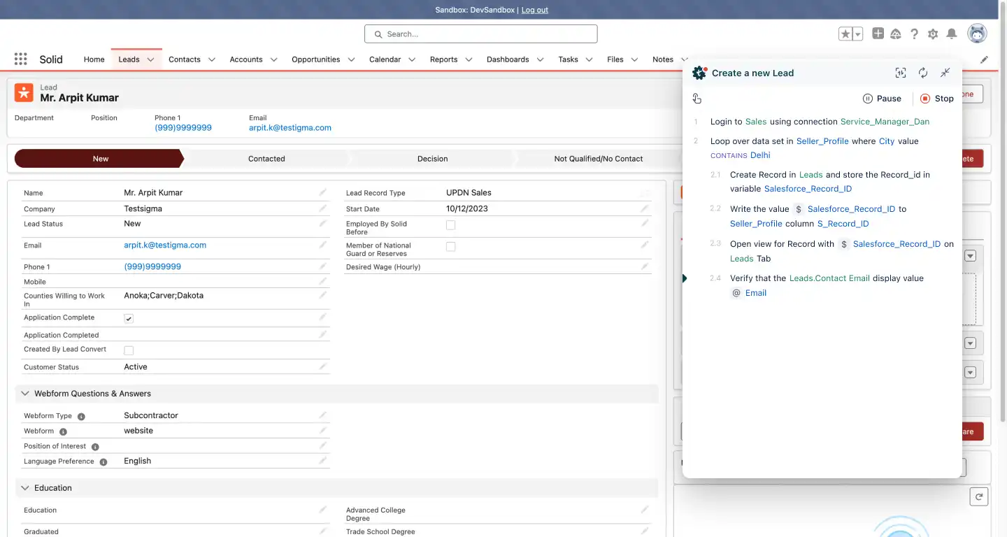 Test steps salesforce