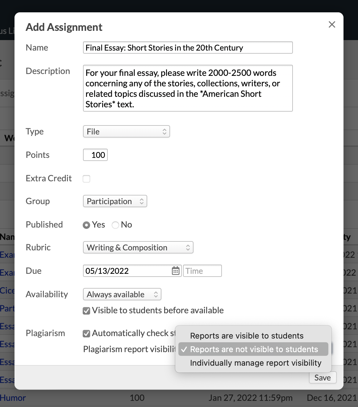 Setting up an assignment to check for plagiarism