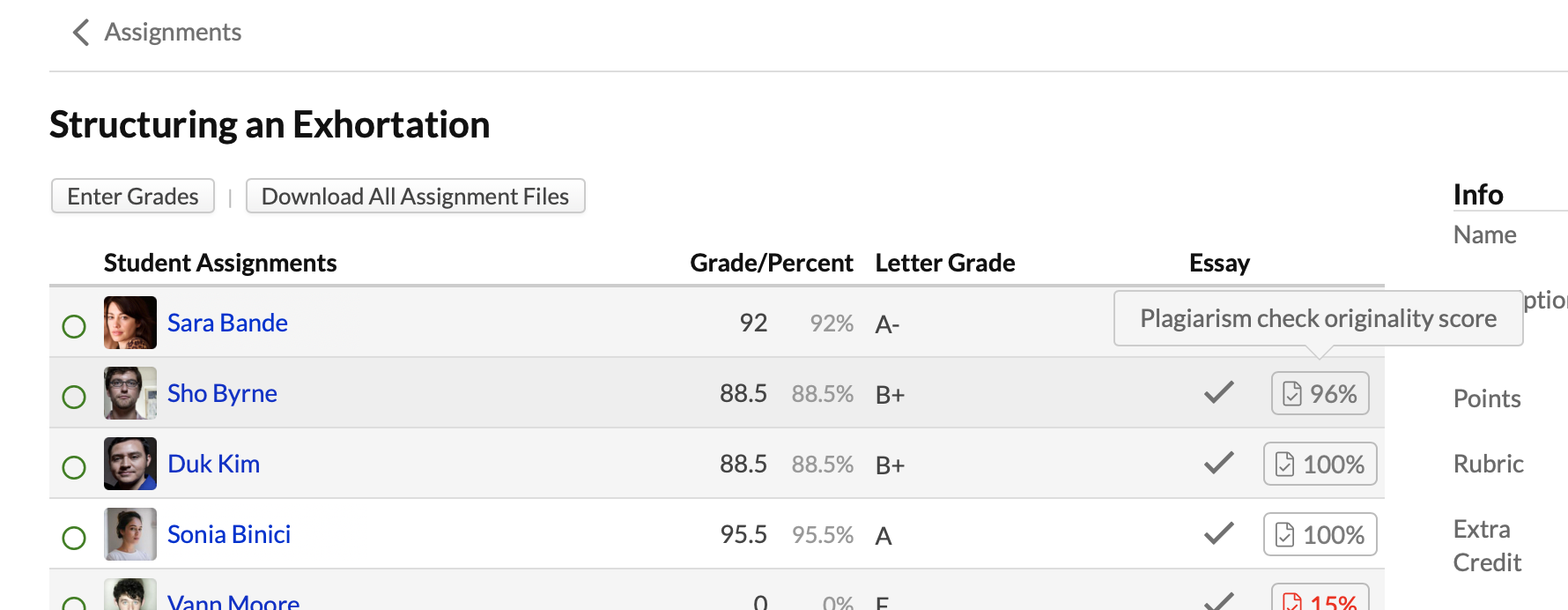 Similarity scores on the assignment grading page