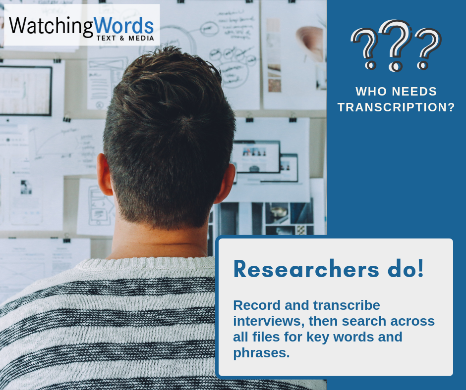 Who needs transcription services? Researchers do! Record and transcribe interviews, then search across all files for key words and phrases