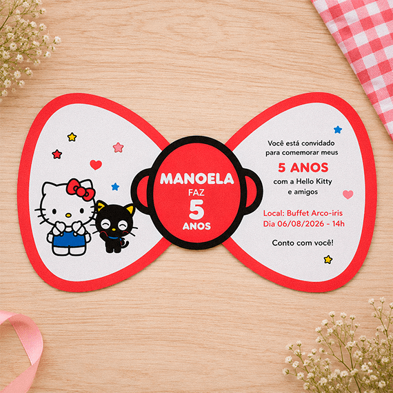 Convite de festa da Hello Kitty recortado em formato de laço vermelho
