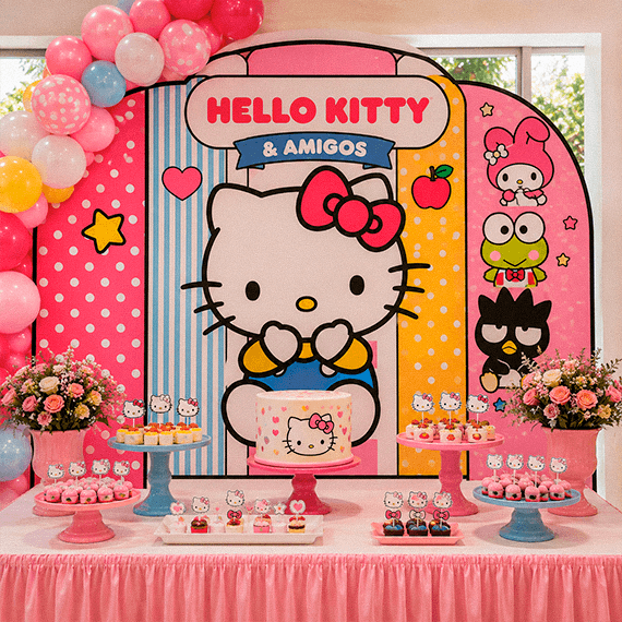 Painel de festa da Hello Kitty atrás da mesa do bolo