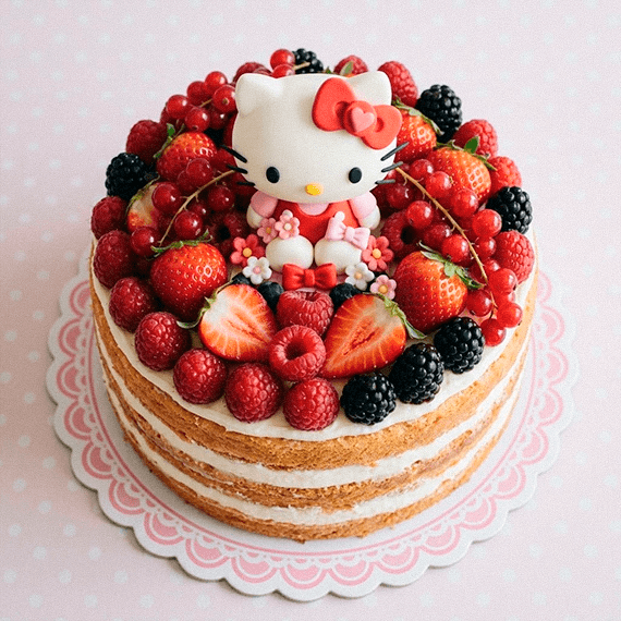 Naked cake decorado com frutas vermelhas e topo de bolo da Hello Kitty