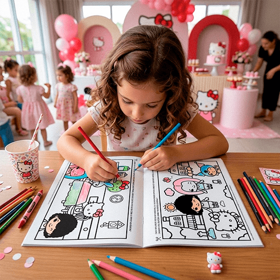 Crianças colorindo desenhos da Hello Kitty durante festa de aniversário