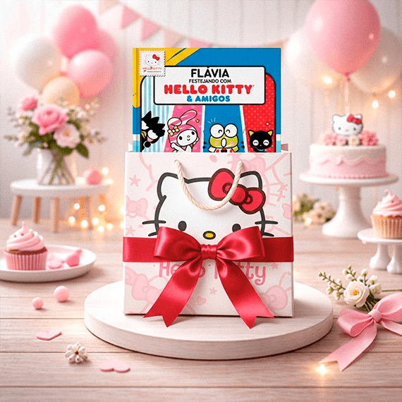 Lembrancinhas de festa da Hello Kitty com kit de papelaria e laço de cetim