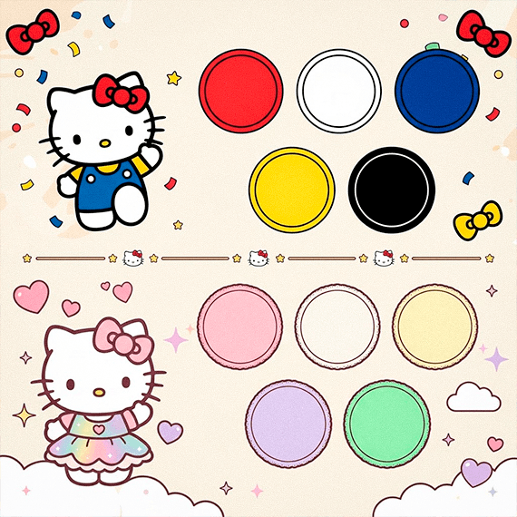 Paleta de cores para festa da Hello Kitty nos estilos clássico e kawaii paste
