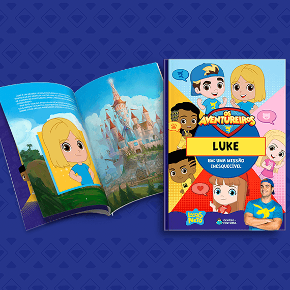 Página do livro personalizado com o avatar da criança ao lado dos Aventureiros
