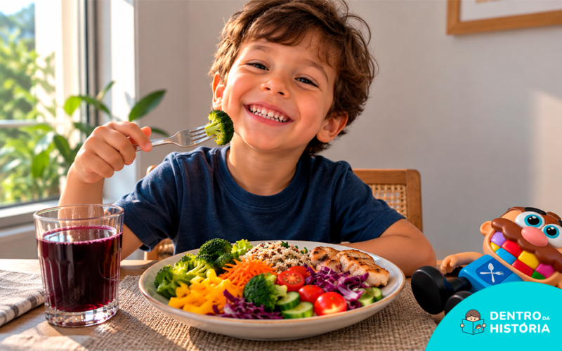 Seletividade alimentar infantil: criança experimentando alimentos coloridos sem pressão