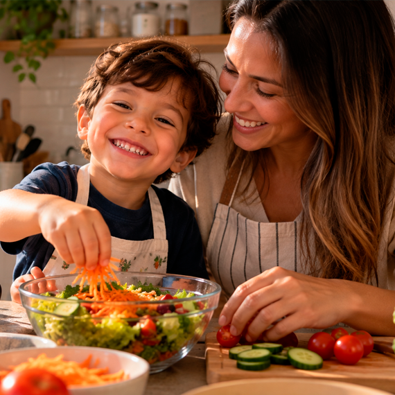Criança ajudando a preparar lanche saudável em família