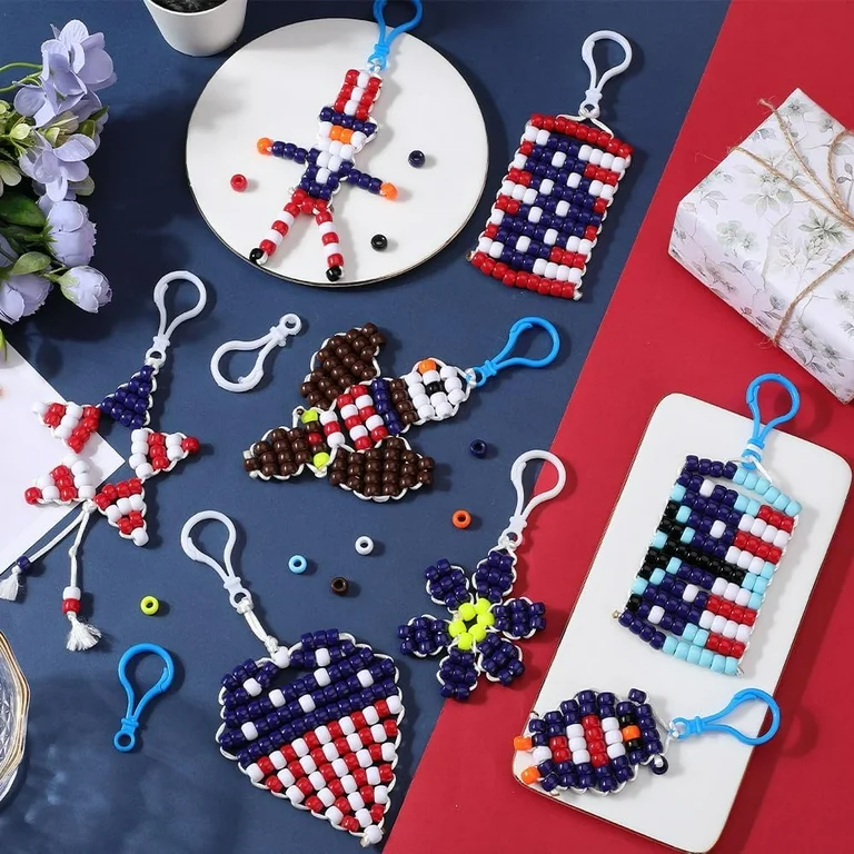 Use the free beaded keychain pattern to make multiple colorful keychains