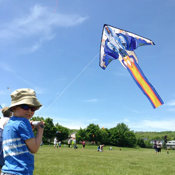 A boy is floating in the blue sky and releasing good flying kites