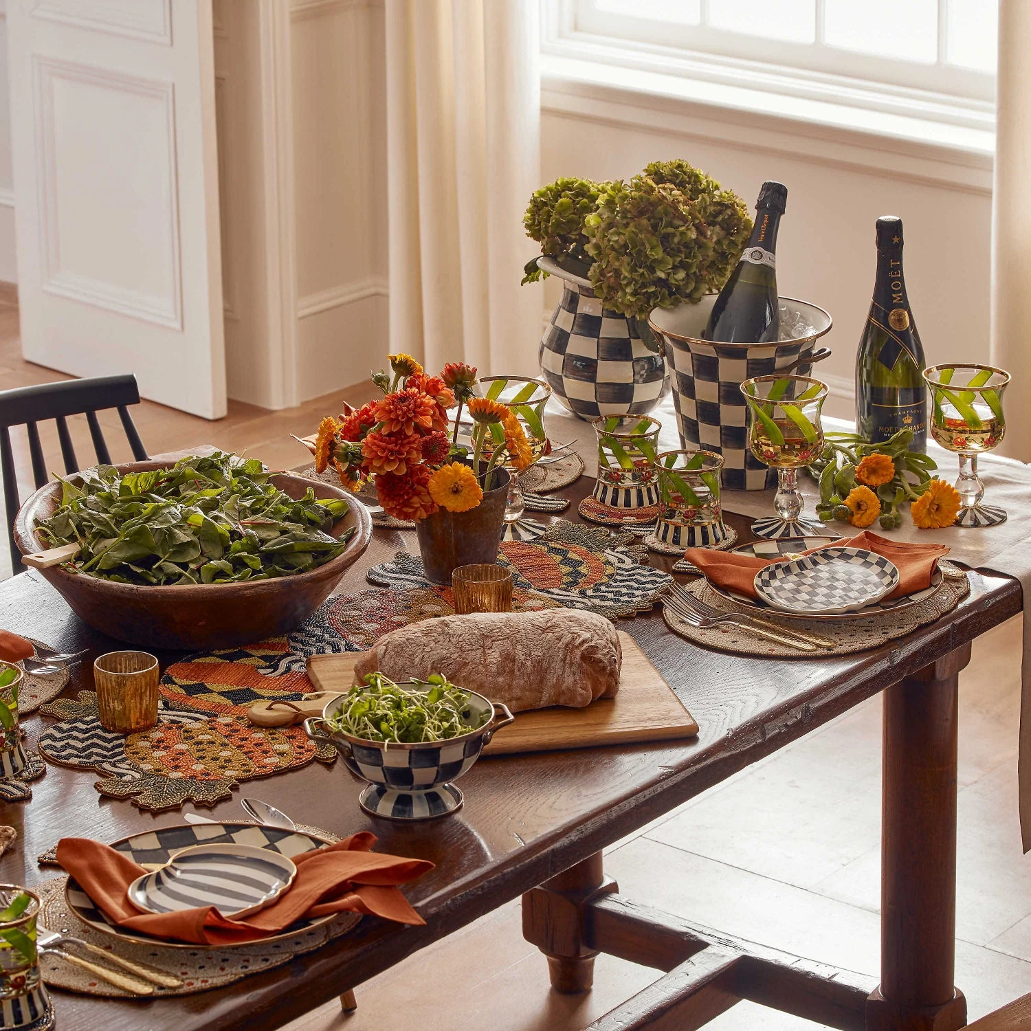 The table with a beaded runner brings elegance, and decorating for the holidays
