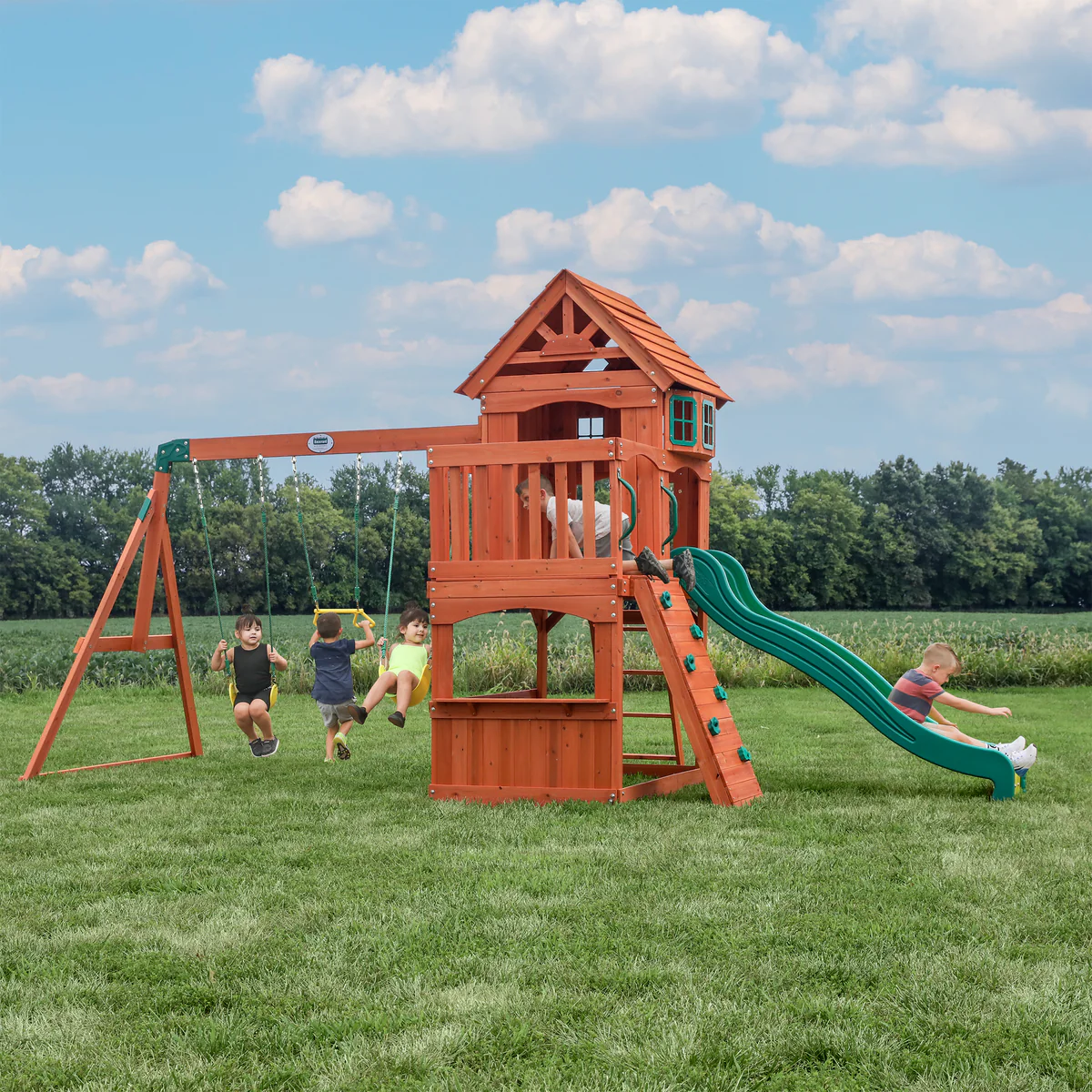 A group of children happily play on the cedar swings and slide in the backyard. Trees can be seen in the background, against a backdrop of a cloud-like sky.