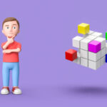 3D cartoon character combining multicolored cubes thinking about a problem - 'how do you solve a rubix cube fast', on a purple background