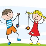 Group of two children, a boy and a girl, learning how to play with a yo yo toy, vector illustration.