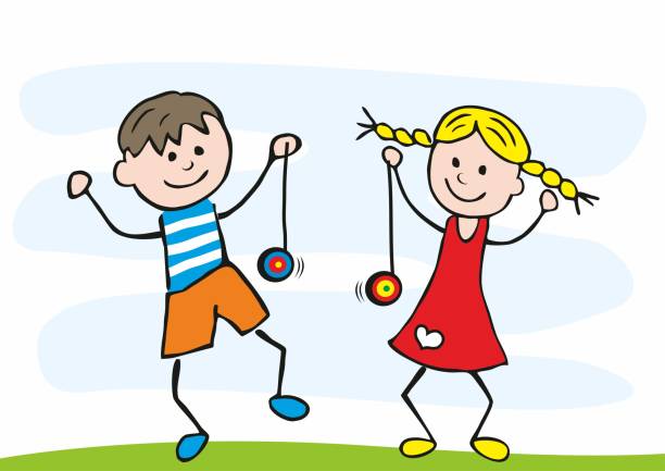 Group of two children, a boy and a girl, learning how to play with a yo yo toy, vector illustration.