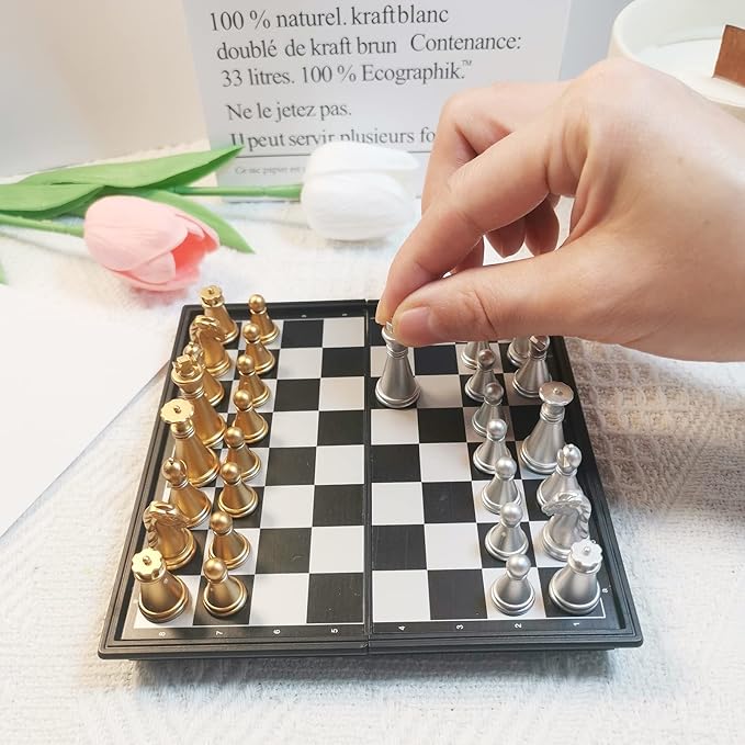 Miniature Magnetic Chess Set Magnetic Vikutu 5.11 Inches Portable Small Folding Chess Board (X-Small)