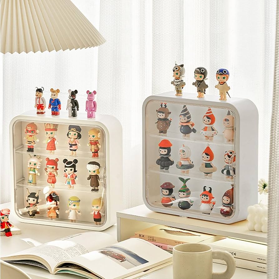Small Collectible Display Boxes, Used To Display Miniature Figures, Are Arranged On A Shelf