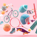 Cool Sports Toys: Helmet, Tennis Racket, Skateboard, Cycle, Basketball, American Football, Shoes And Diving Equipment Surrounded By Colorful Balls On A Pink Background.