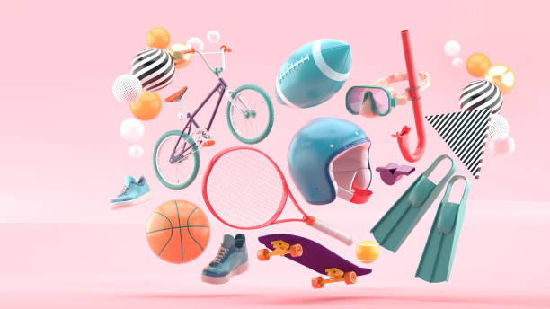 Cool Sports Toys: Helmet, Tennis Racket, Skateboard, Cycle, Basketball, American Football, Shoes And Diving Equipment Surrounded By Colorful Balls On A Pink Background.