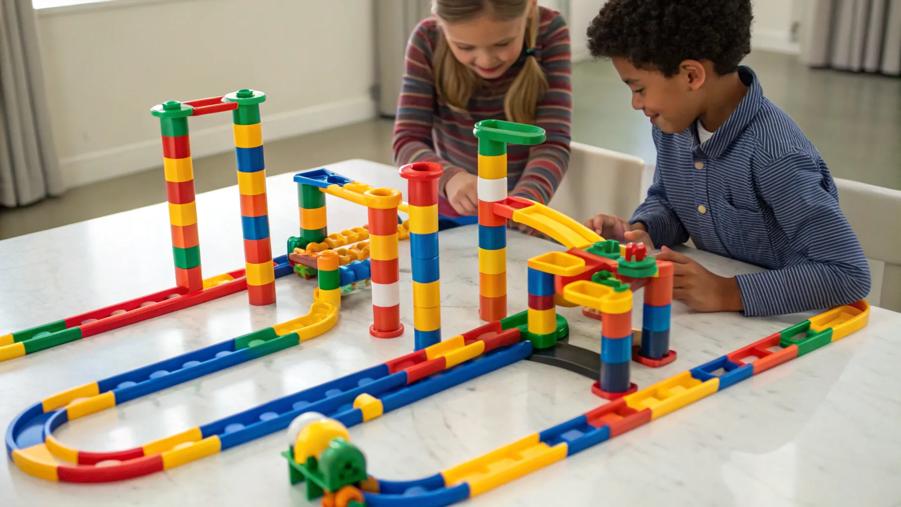Boys and girls playing together with stem toys for 8-year-olds