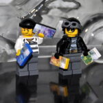2012 Lego Ninjago Sets: Two robbers stand in front of a glass car, holding Swiss franc banknotes of different denominations.