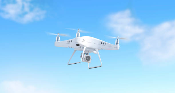 A white 8K video camera drone model is flying against a sky background, rendered in 3D, with a comparison to the clarity of a 4K video camera drone.