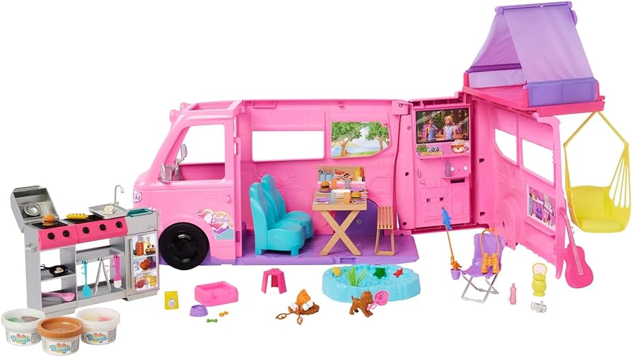 Amazon.com Barbie Gift Ideas: Barbie Dream Camper New for 2025 Playset with Roof Tent, Swing  Chair, Fishing Pond, BBQ Grill with Color-Change Feature & 60+ Accessories  Including Dough : Toys & Games