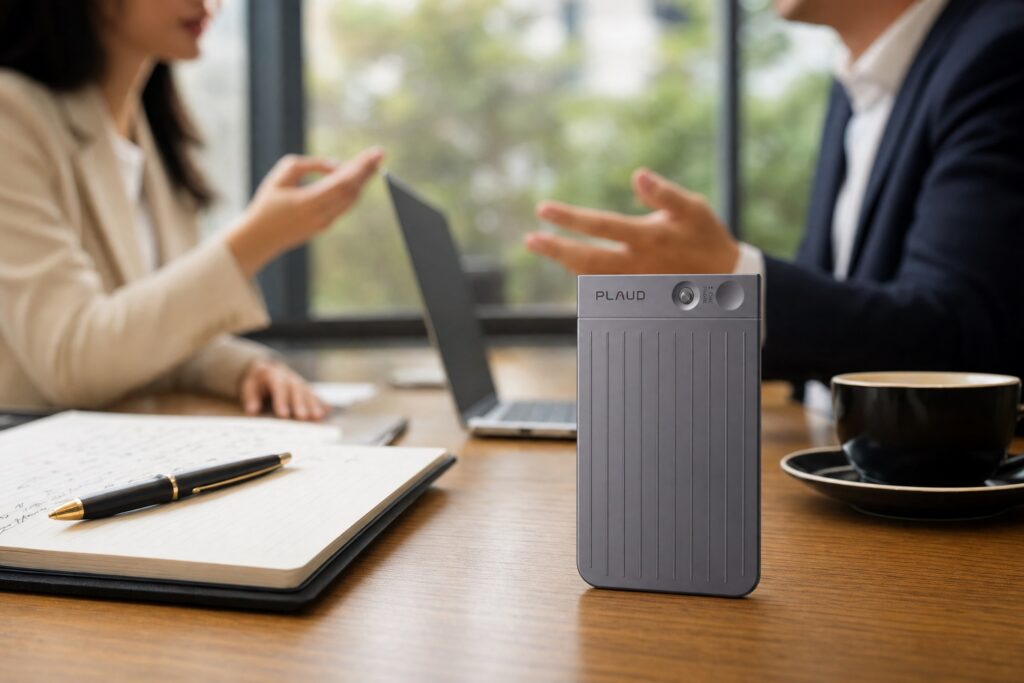 A close-up of a grey, card-shaped PLAUD voice recorder standing vertically on a wooden desk. In the blurred background, a man in a suit and a woman in a beige blazer are engaged in a meeting, gesturing with their hands. An open notebook with a pen and a black coffee cup on a saucer are also on the desk.