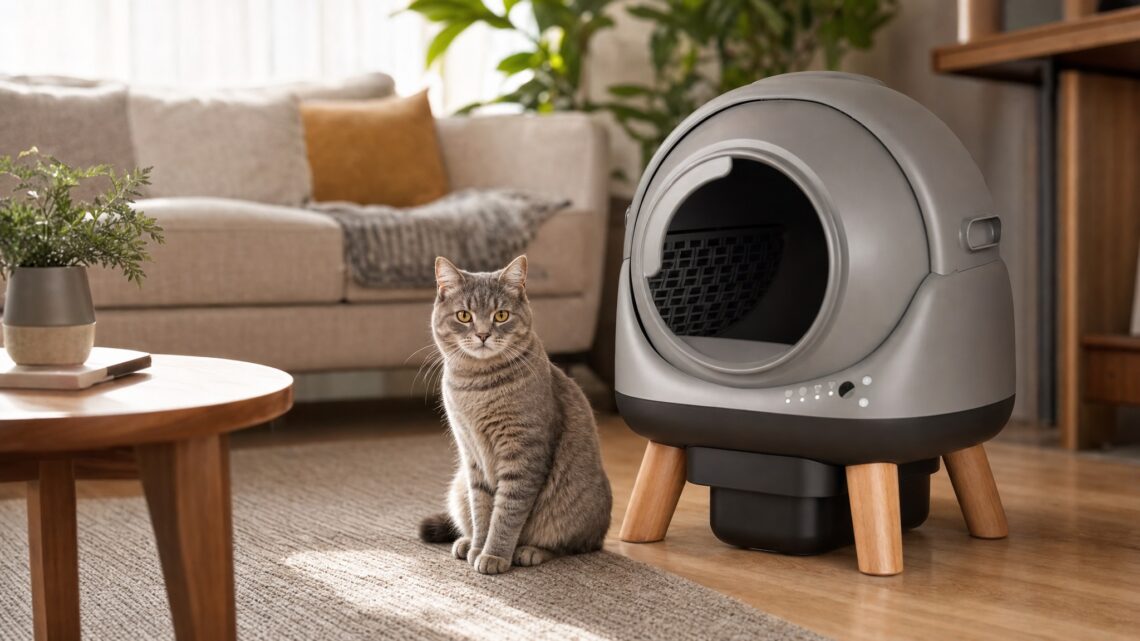 Grey tabby cat sitting next to a modern grey automatic self-cleaning litter box with wooden legs in a living room.
