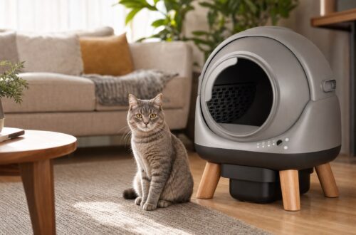 Grey tabby cat sitting next to a modern grey automatic self-cleaning litter box with wooden legs in a living room.