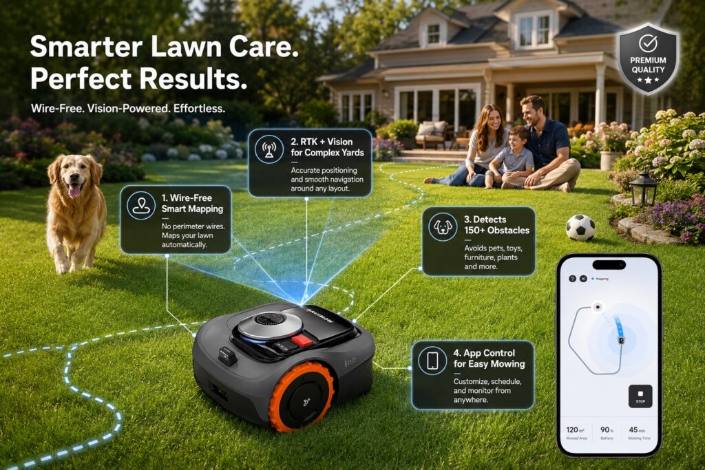 Navimow robotic lawn mower on a family backyard lawn with wire-free smart mapping, RTK + Vision navigation, 150+ obstacle detection, and app control features.
